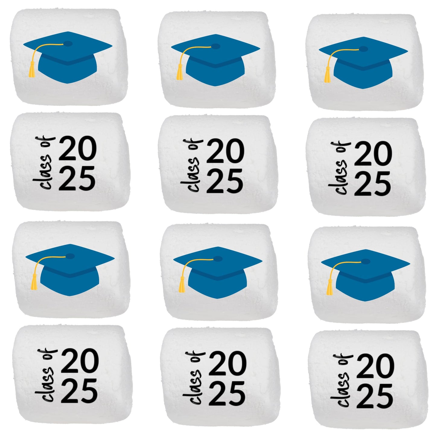 Candy With A Twist - Graduation Cap - Class of 2025 - Individually Wrapped 2 inch Round Jumbo Marshmallows - Printed w/School Co