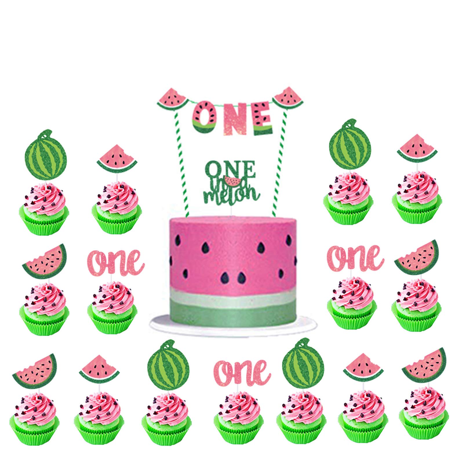 Czolden Watermelon Cake Toppers Kits One In A Melon Cupcake Topper Baby Shower 1St Birthday Party Supplies Paper Cake Decoration