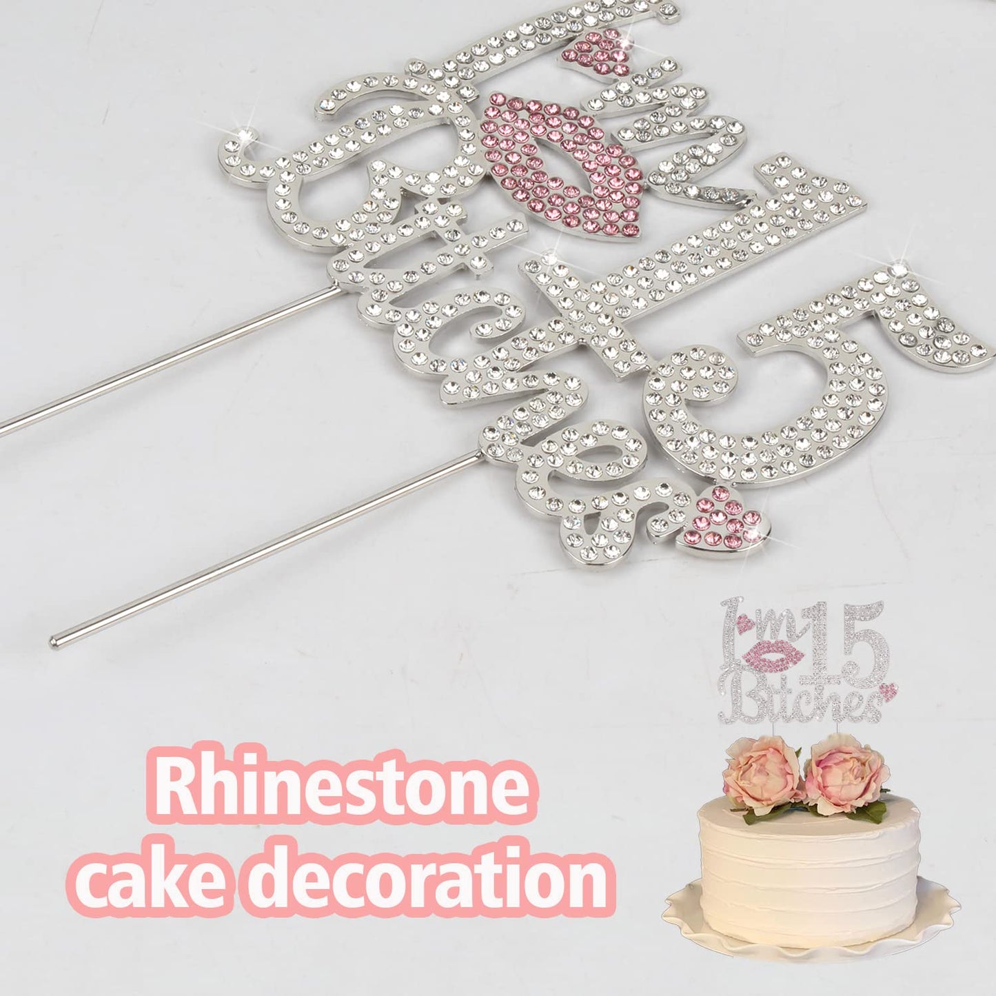 Laskyer I'M 15Th Funny Birthday Pink Rhinestone Cake Topper - Happy 15Th Birthday Cheers To 15 Years Old Fifteen Bday Party Meta