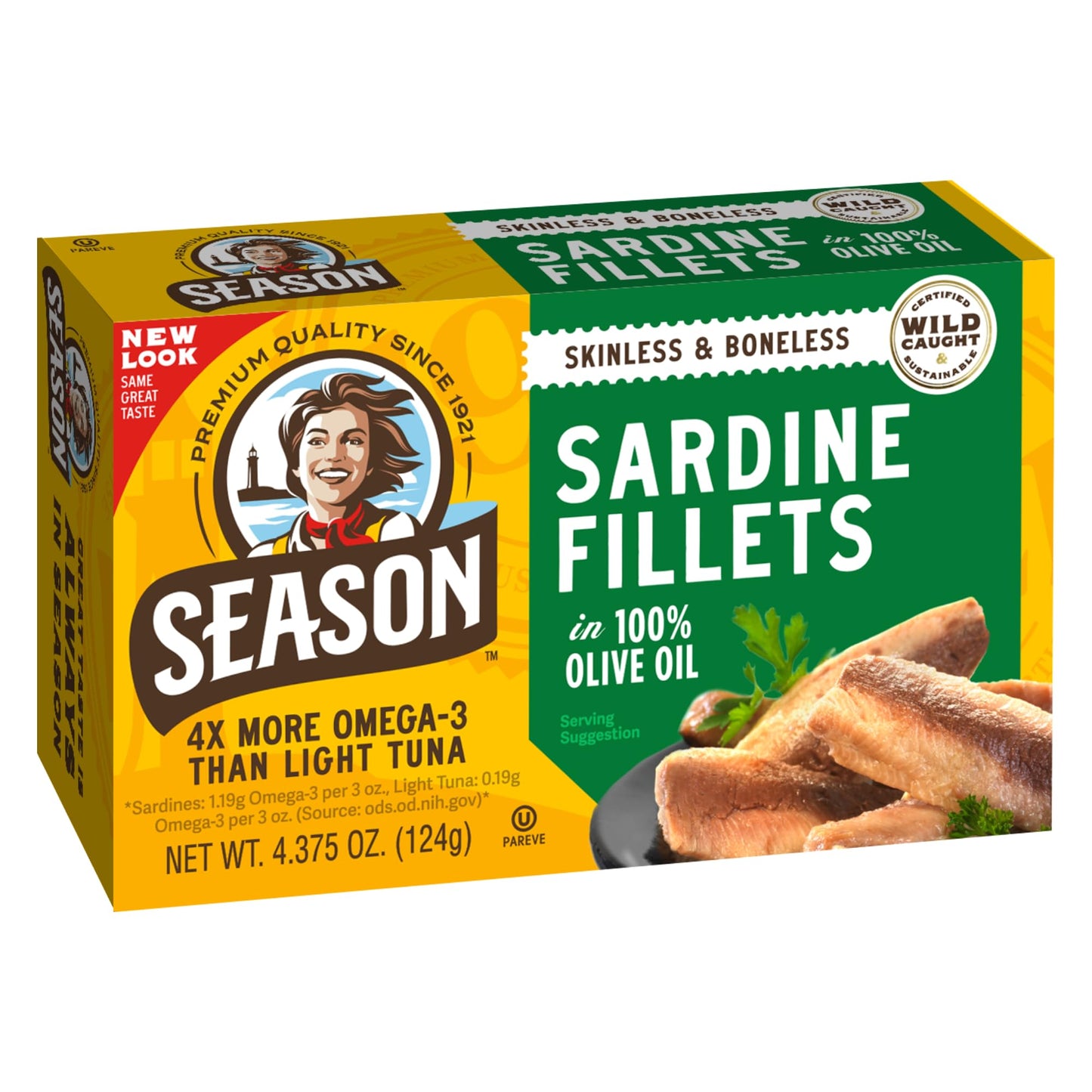 Season Sardines In Extra Virgin Olive Oil - Skinless & Boneless, Wild Caught, 22G Of Protein, Keto Snacks, More Omega 3'S Than Tuna, Kosher, High In Calcium, Canned Sardines - 4.37 Oz Tins, 12-Pack