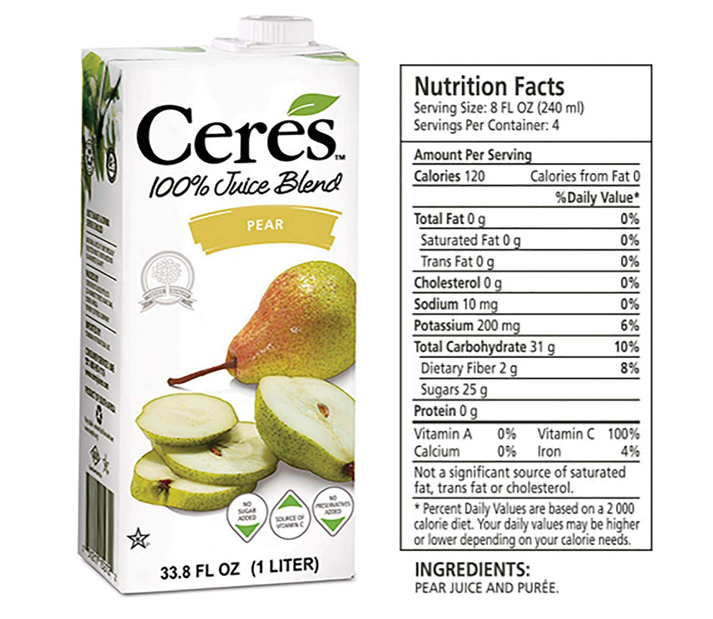 Ceres 100% All Natural Pure Fruit Juice Blend, Pear - Gluten Free, Rich in Vitamin C, No Added Sugar or Preservatives, Cholester