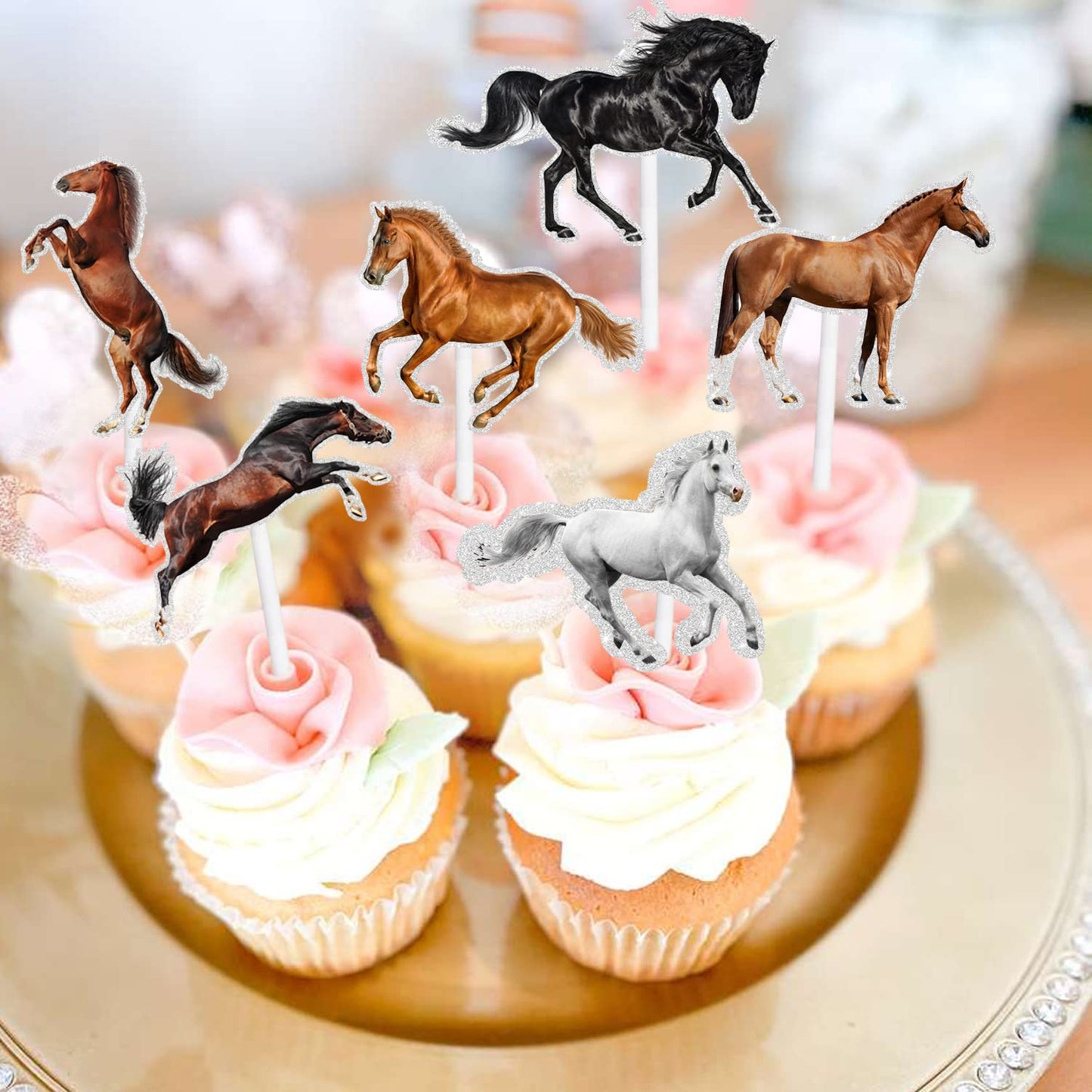 Little Horse Cupcake Toppers Set Picks Equestrian Contest Theme Horse Racing Cowboy Happy Birthday Party Glitter Decoration Supp