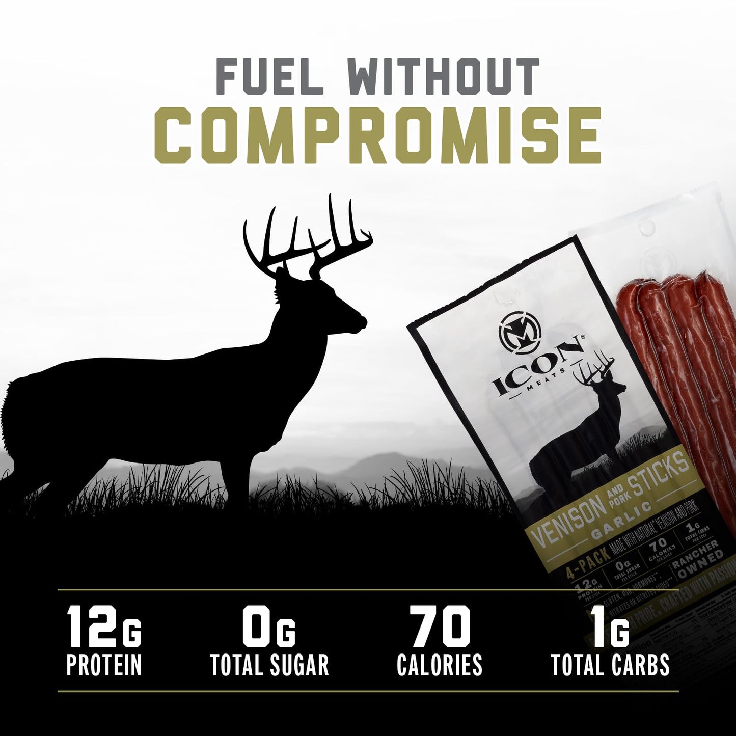 ICON Venison and Pork Snack Sticks, Garlic Flavor, 6 Packs, All Natural, High Protein, Low Calorie, Sugar Free, 4 Sticks Per Pack