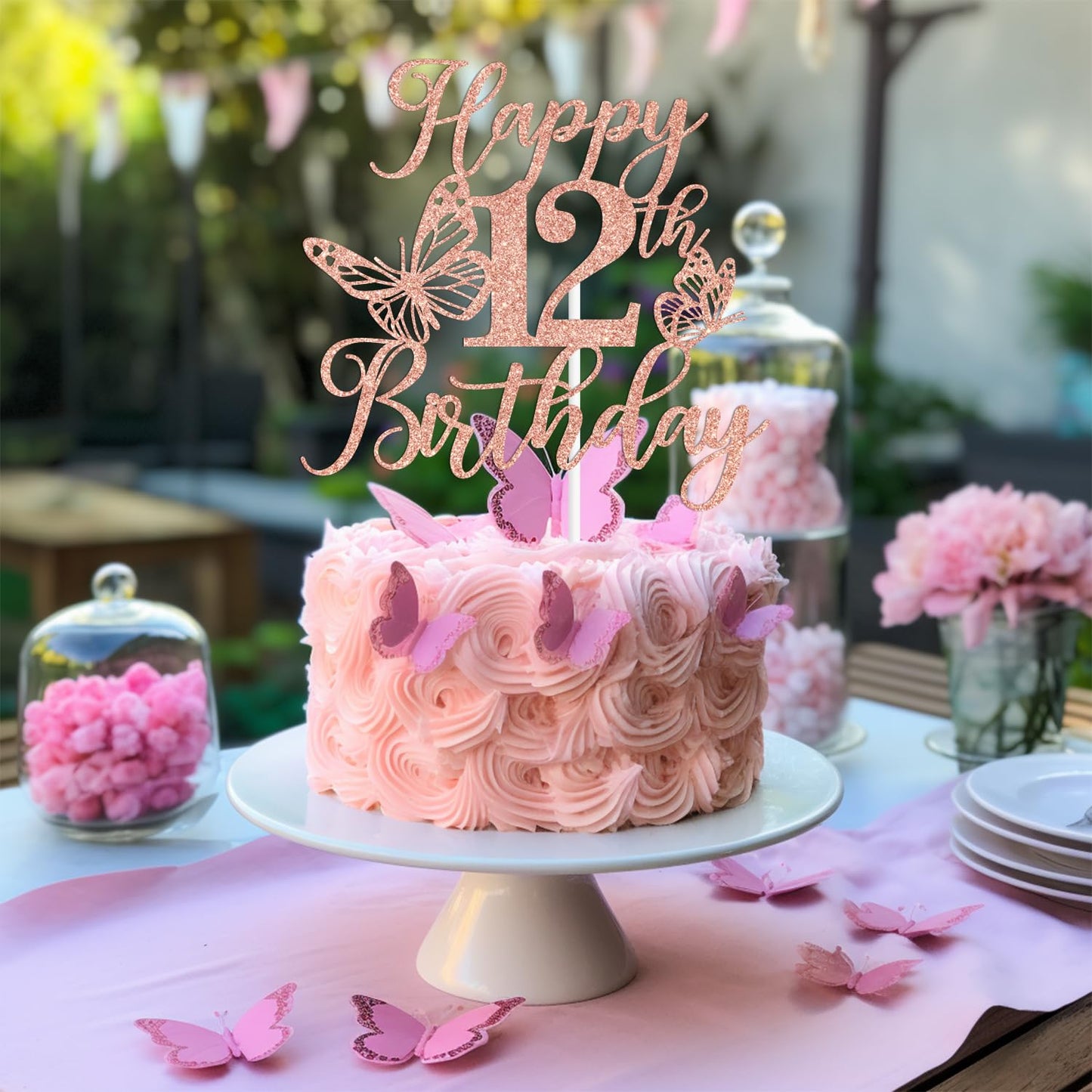 Rose Gold Glitter Happy 12Th Birthday Cake Topper, Butterfly Happy 12Th Birthday/Cheers To 12 Years, Butterfly Themed 12Th Birth