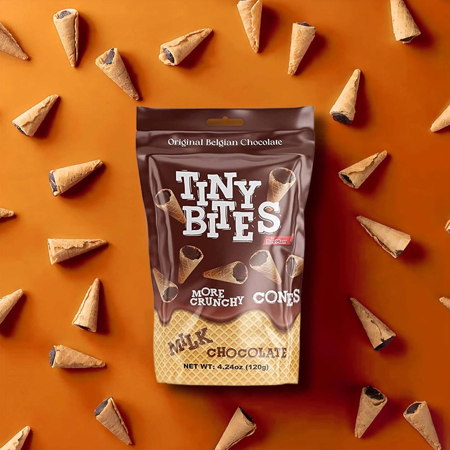 BEEMAX Tiny Bites Mini Waffle Cones - Premium Belgian Chocolate, 4.24 oz (2 Pack) - Perfect Snack or Ice Cream Topping