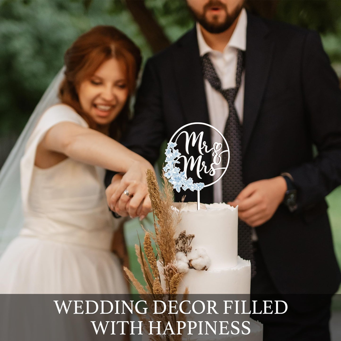 Mr & Mrs Cake Topper Greeny Wedding Cake Topper In Wood, Newly Wed Cake Toppers, Wedding Cake Toppers Bride And Groom, Toile De Jouy Decorations, Something Blues Gifts (Toile De Jouy)