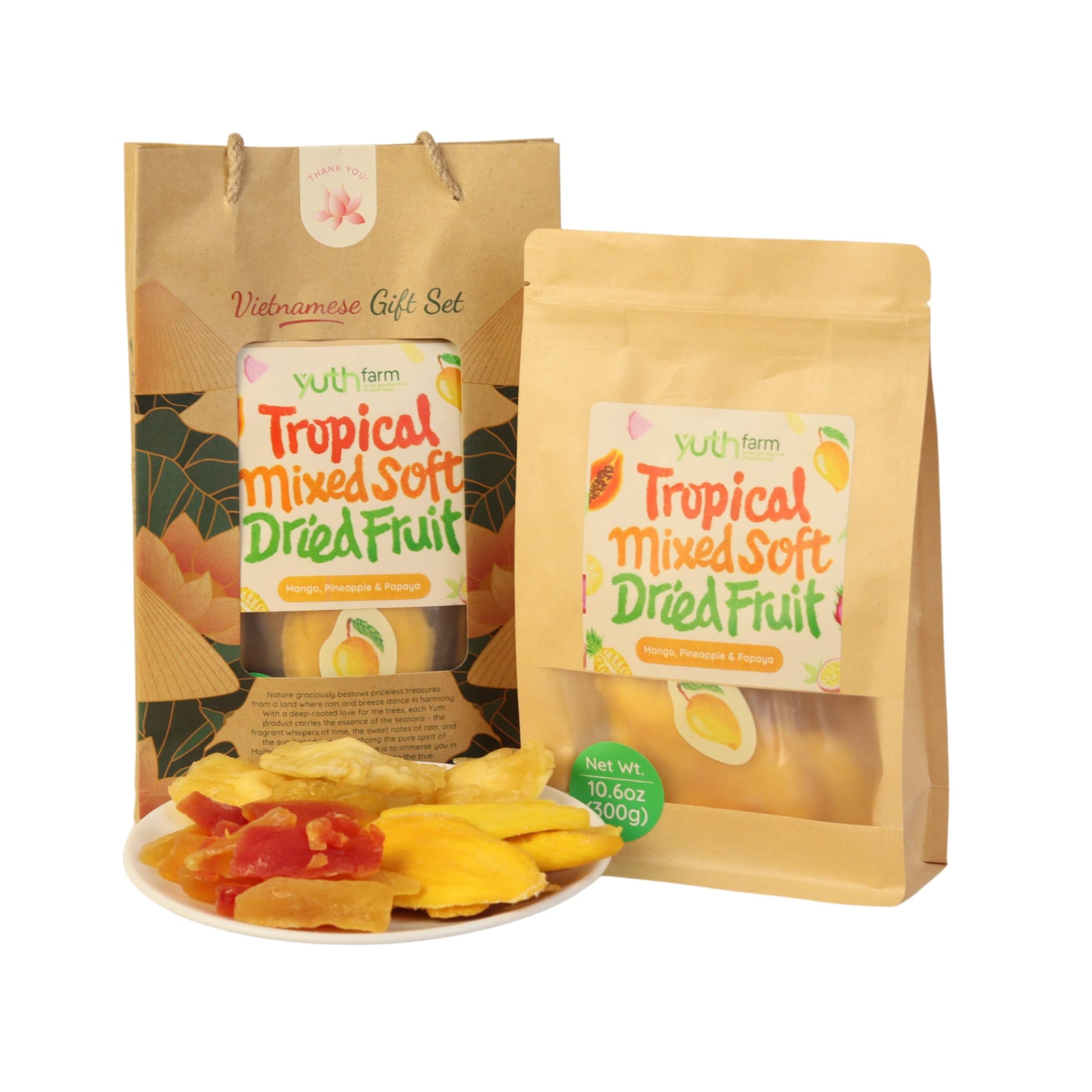 Yuth Farm Natural Soft Dried Fruit Gift Set 300g (10.6 Oz) (Tropical Mixed (Mango, Pineapple, Papaya))