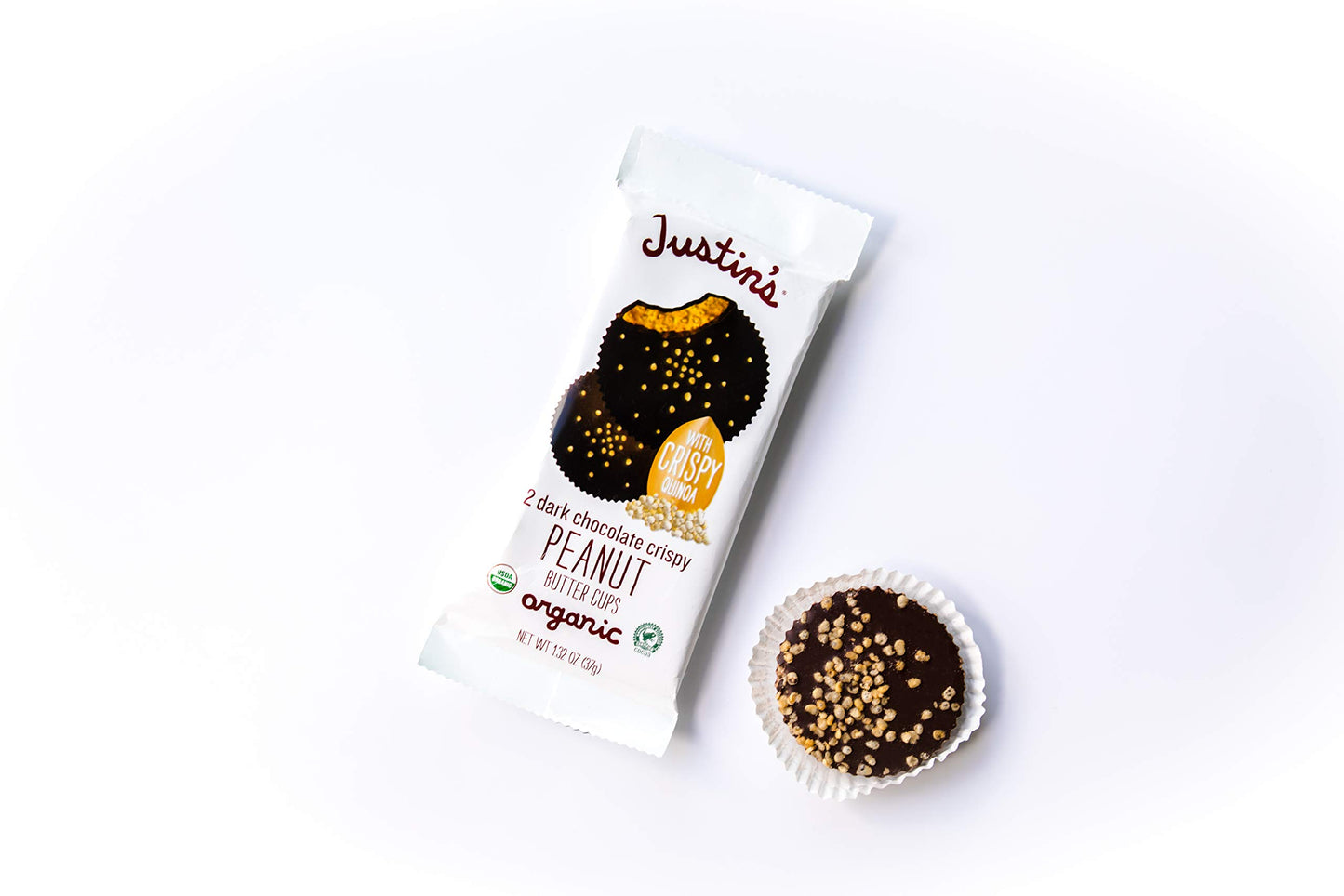Justin's Organic Crispy Dark Chocolate Peanut Butter Cups, Gluten-Free, 12 Count (2 Cups Each), Rainforest Alliance Certified Cocoa