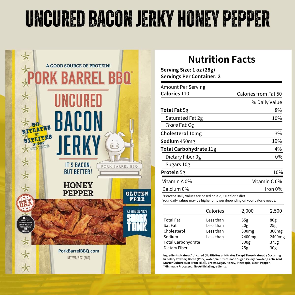Pork Barrel BBQ Honey Pepper Bacon Jerky - Uncured, Gluten Free, 2 oz