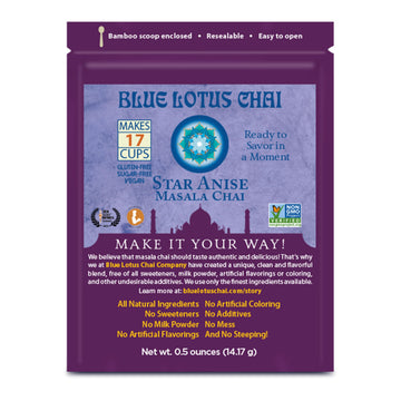 Blue Lotus Chai - Star Anise Masala Chai - Makes 17 Cups - 0.5 oz Pouch Masala Spiced Chai Powder with Organic Spices - Instant 