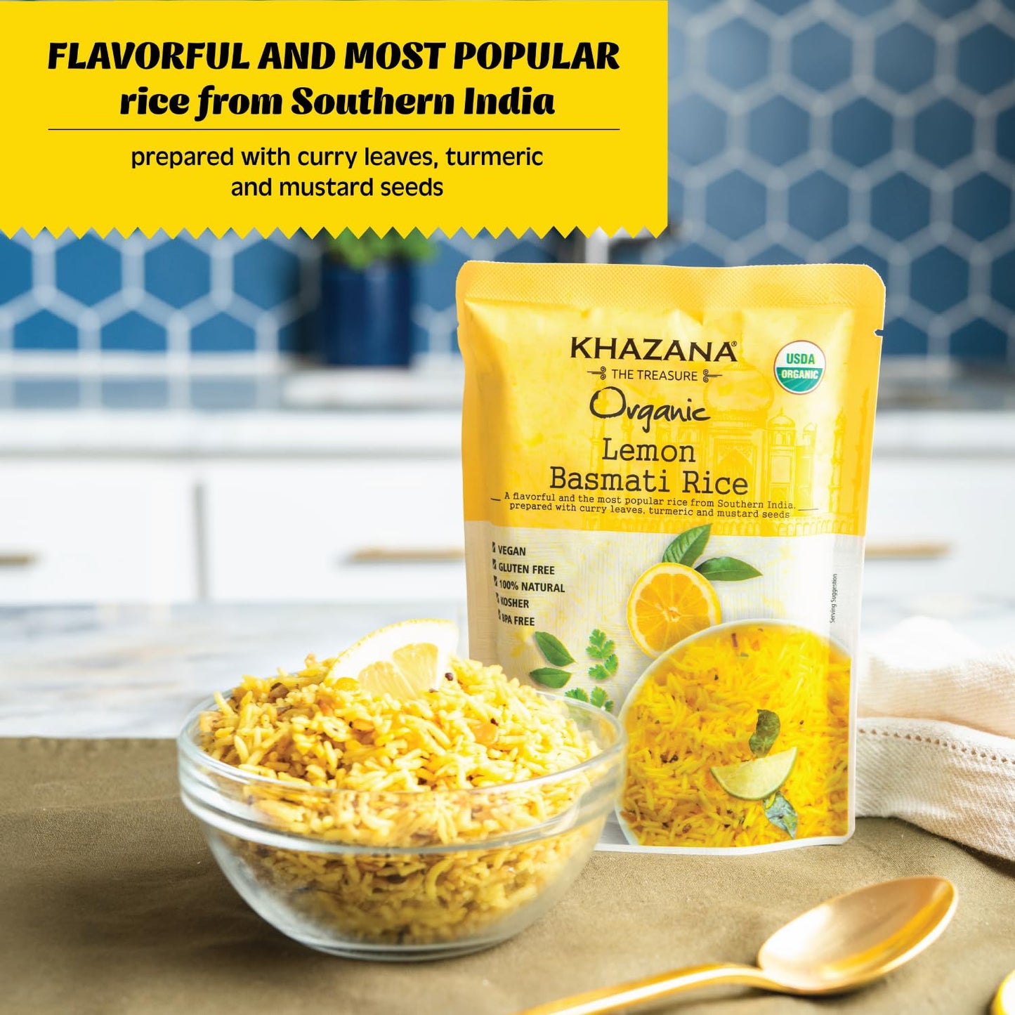 Khazana Lemon Organic Basmati Rice - Ready To Heat (1-Pack, 8.8Oz) - Authentic, Aromatic & Flavorful Indian Grain - Non-Gmo, Veg