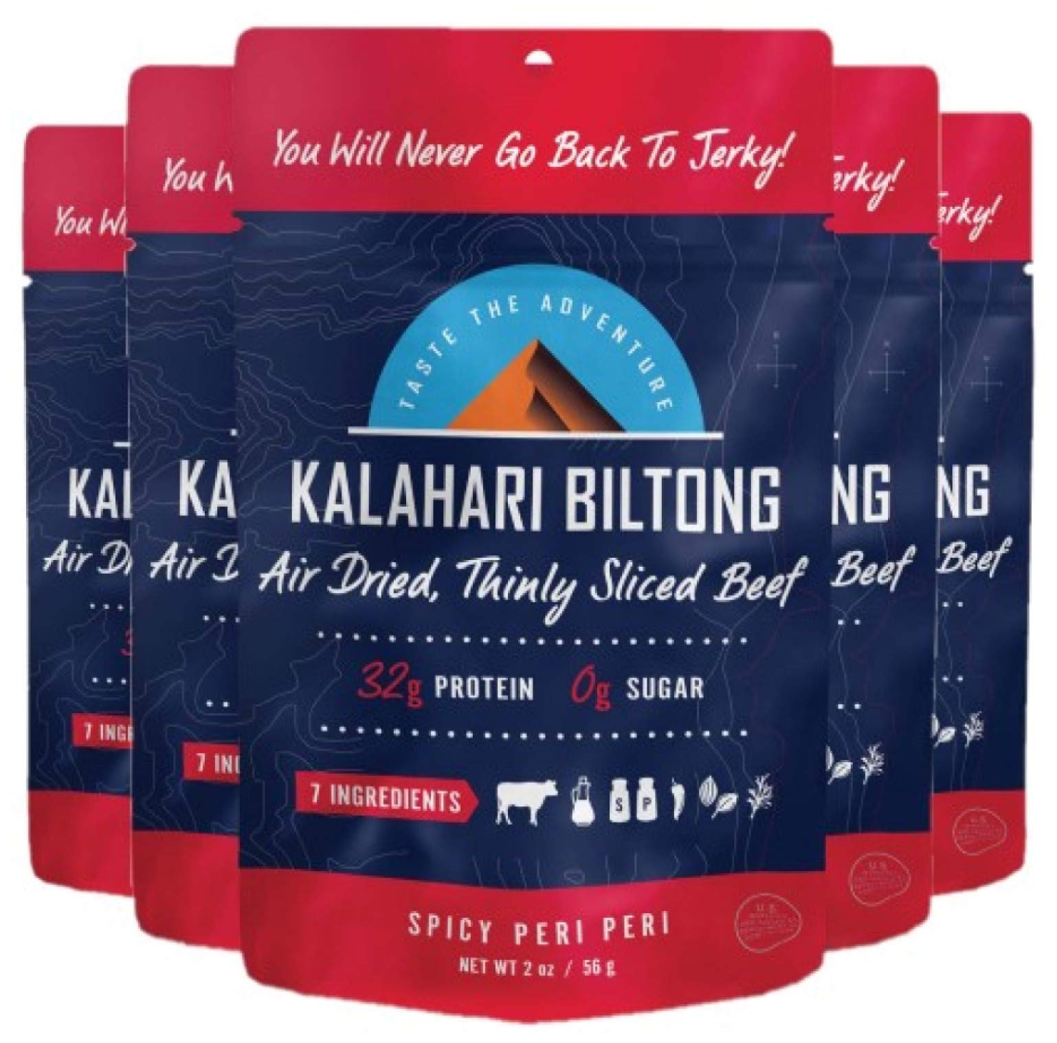 Kalahari Biltong | Air-Dried Thinly Sliced Beef | Spicy Peri Peri | 2Oz (Pack Of 5) | Sugar Free | Keto & Paleo | Gluten Free |