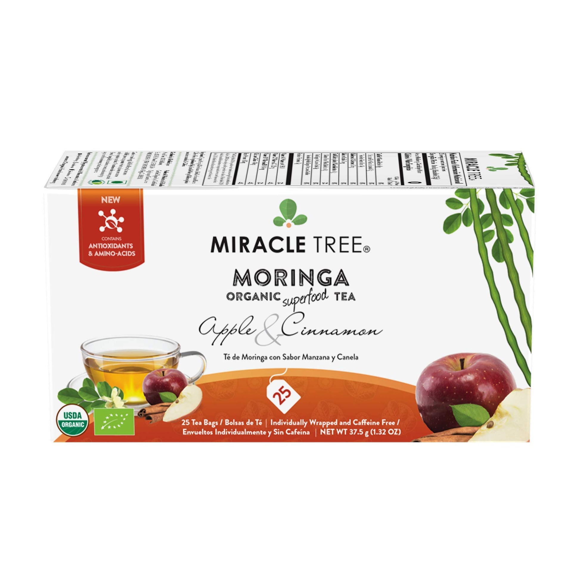Miracle Tree Organic Moringa Superfood Tea, Apple & Cinnamon, 25 Bags, Vegan, Gluten-Free, Caffeine-Free, Non-GMO