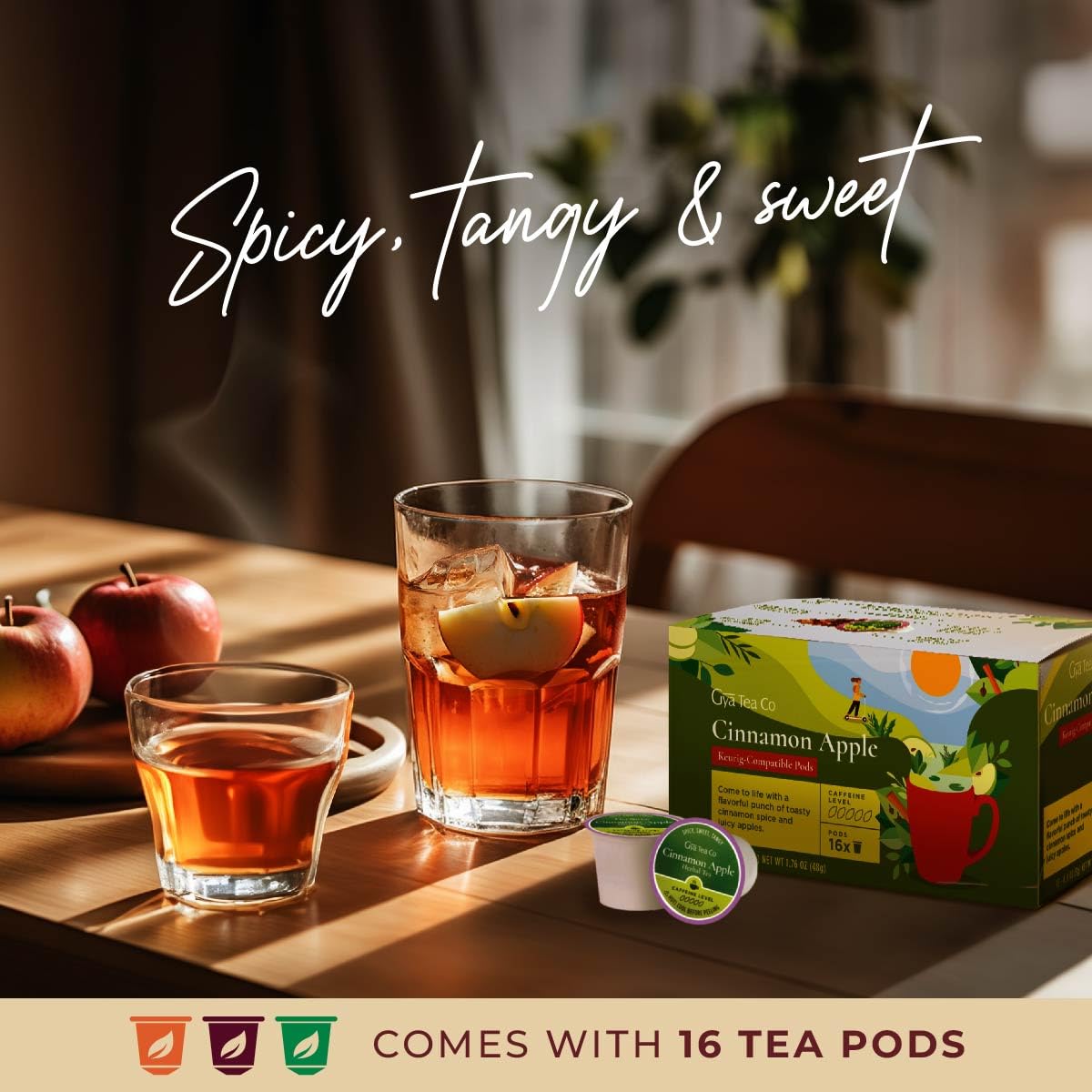 Gya Tea Co Cinnamon Apple Herbal Tea Pods - Decaf Wellness Tea, 16 Count, Perfect for Comfort & Relaxation