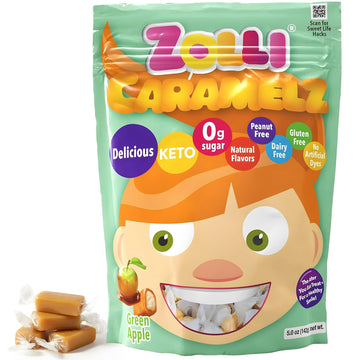 Zolli Caramelz Sugar-Free Candy - Creamy  Chewy  Dye-Free  Keto & Diabetic-Friendly Healthy Candy  Dentist-Approved  for Kids (Apple Green  5 oz)