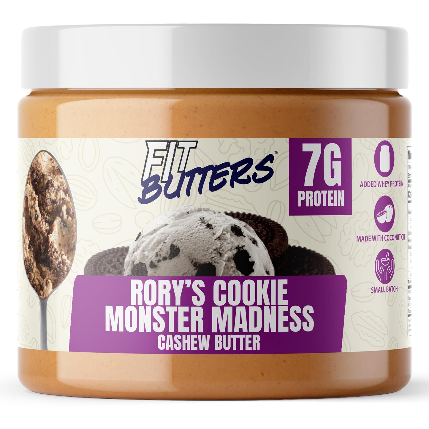 FIt Butters Rory's Cookie Monster Madness (Cookies & Cream Cashew Butter) Spread, Added Protein and Coconut Oil, Low Carb, Low S