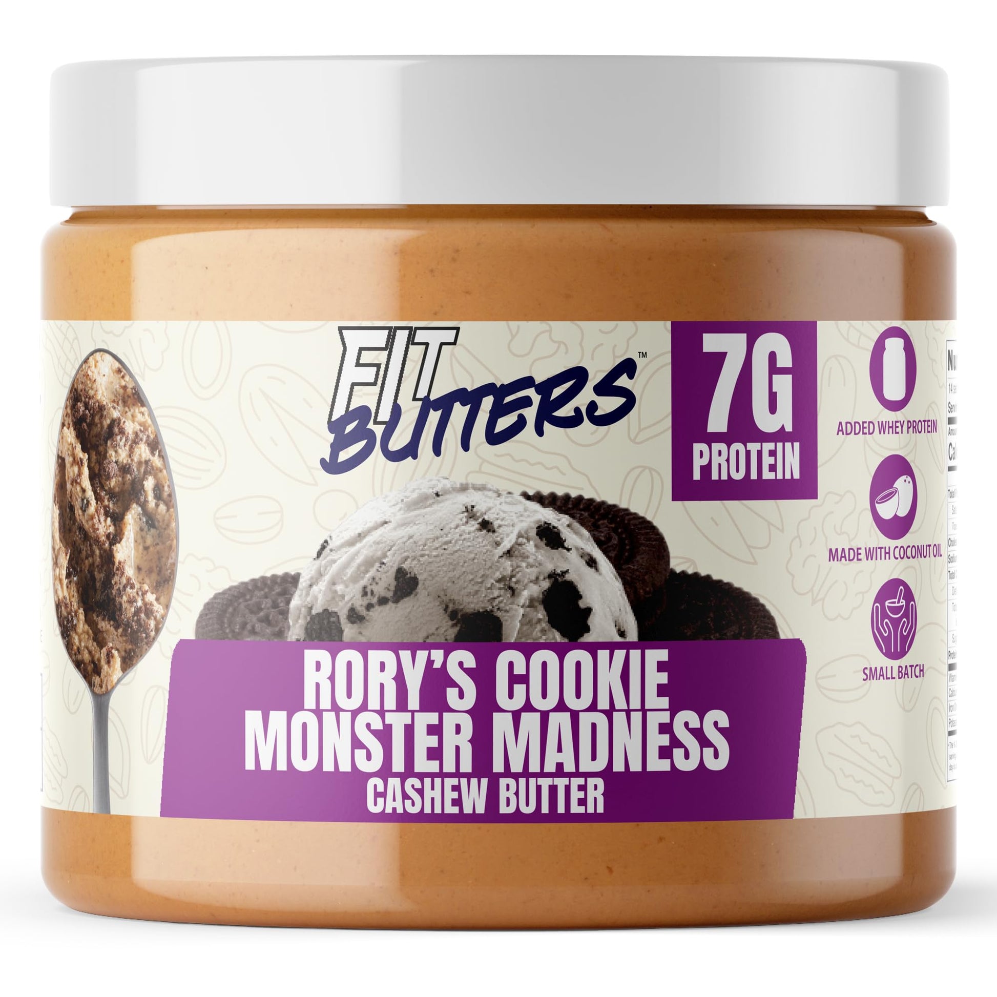 FIt Butters Rory's Cookie Monster Madness (Cookies & Cream Cashew Butter) Spread, Added Protein and Coconut Oil, Low Carb, Low S
