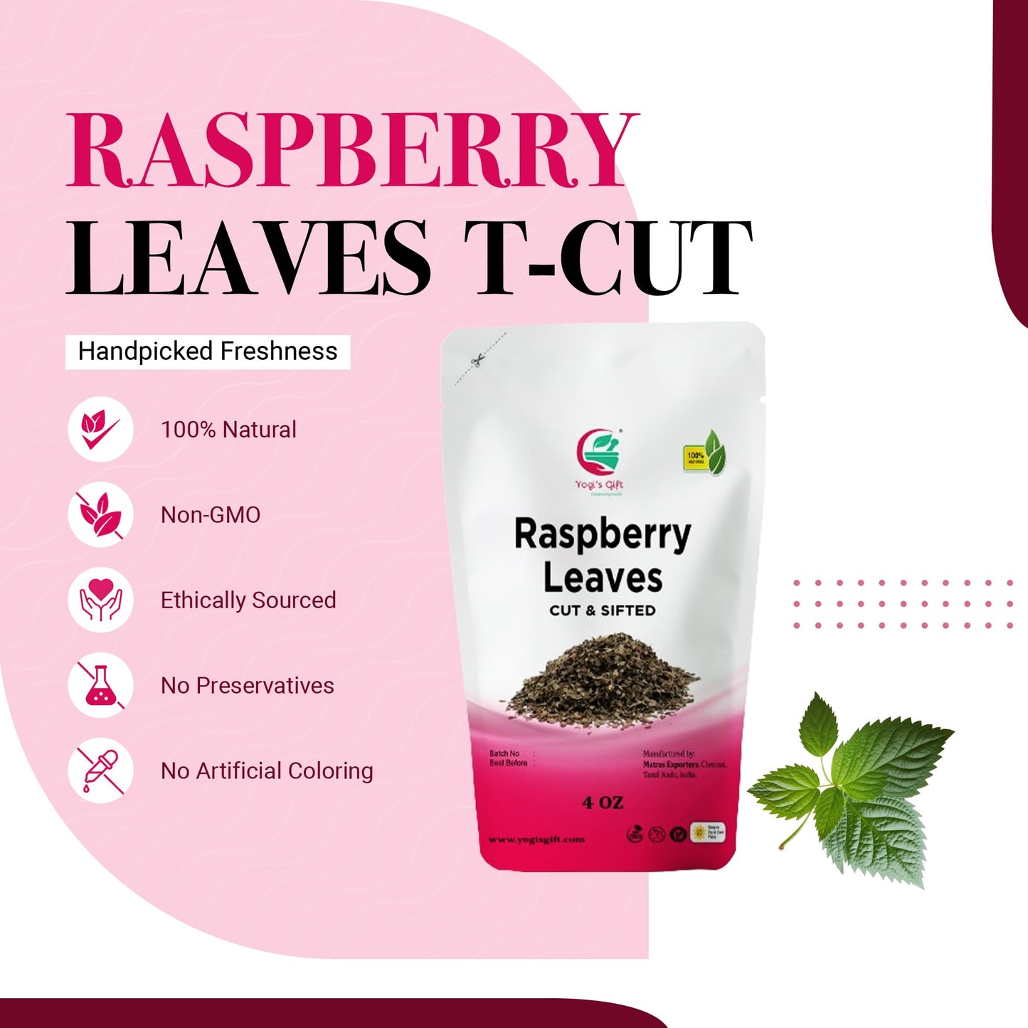 Raspberry Leaf Tea 4 Oz | Cut And Sifted | 100% Pure And Natural Herbal Tea | Non-Gmo, Ethically Sourced | By Yogi'S Gift