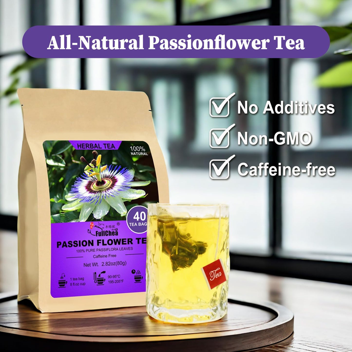 FullChea Passion Flower Tea Bags - Caffeine-Free Herbal Tea for Relaxation - 40 Count