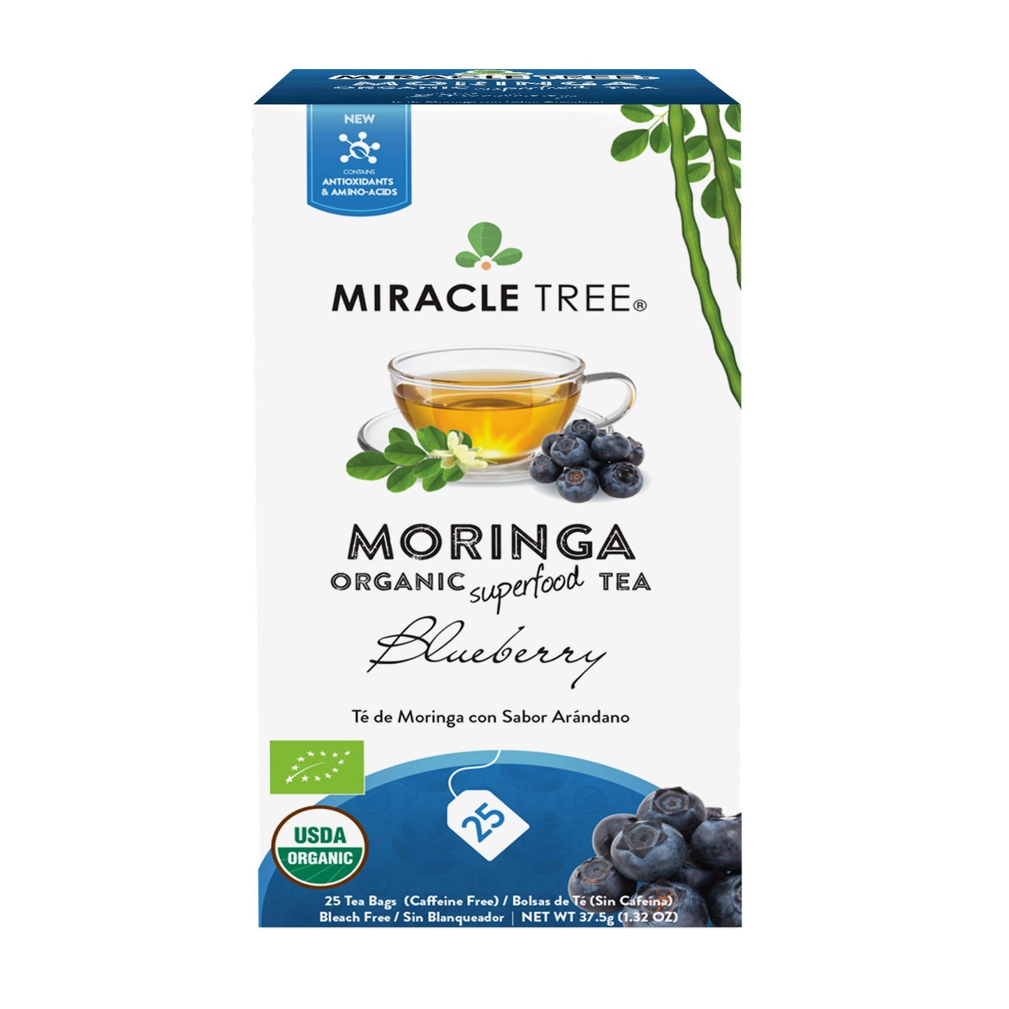 Tree Organic Moringa Superfood Tea, Blueberry, 25 Individually Sealed Tea Bags, Vegan, Gluten-Free, Caffeine-Free