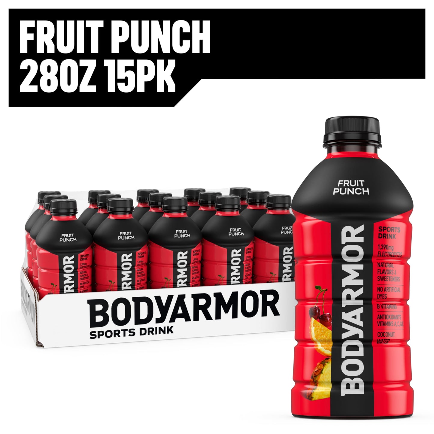 BODYprotective covering Sports Drink  Fruit Punch  Electrolyte Drink Hydration  28 Fl Oz Bottles (15 Pack)  Flavored Coconut Water with B Vitamins & Antioxidants