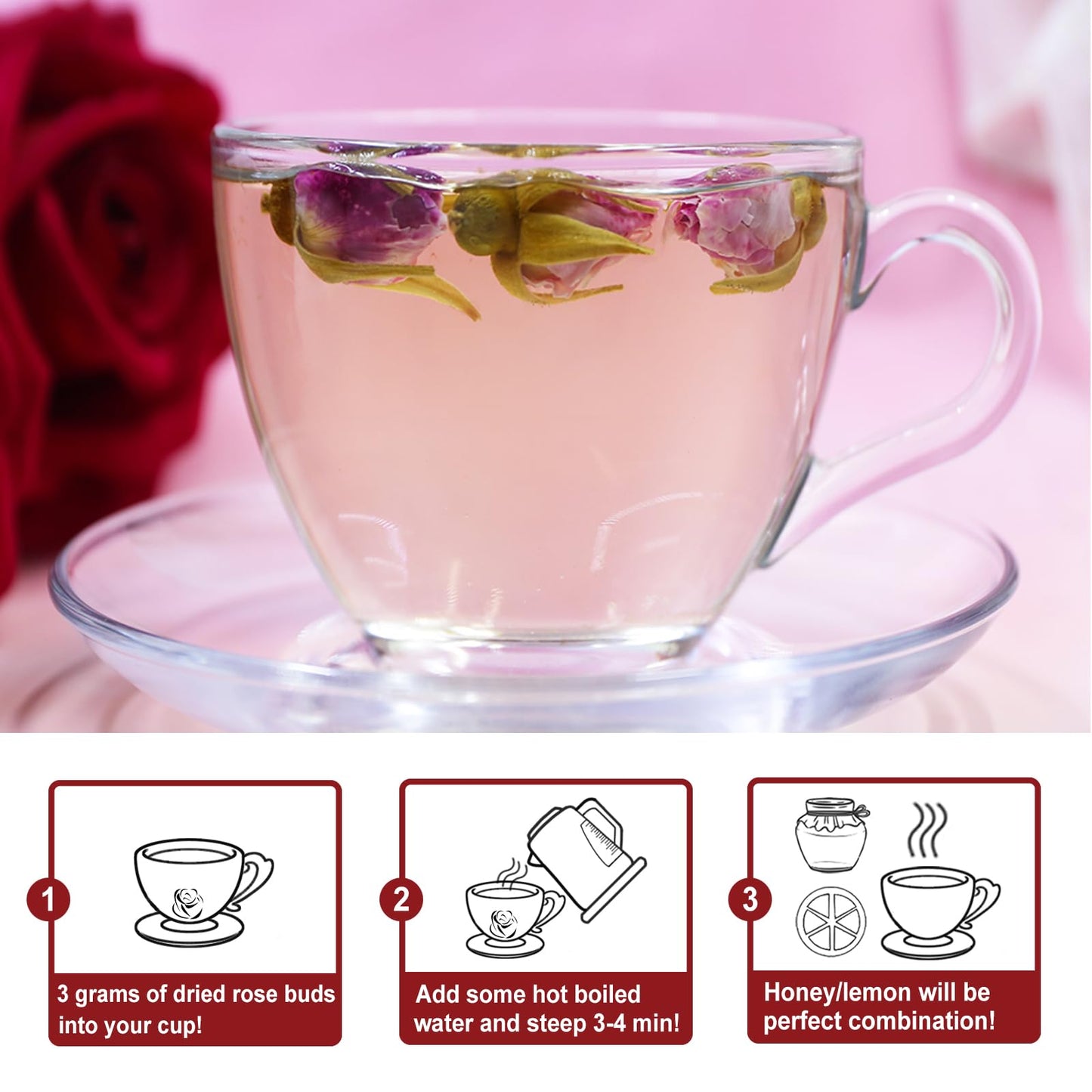TEARELAE Premium Dried Rose Buds Edible Flowers 3oz - Natural Culinary Rosebuds for Tea, Baking, Candle & Soap Making