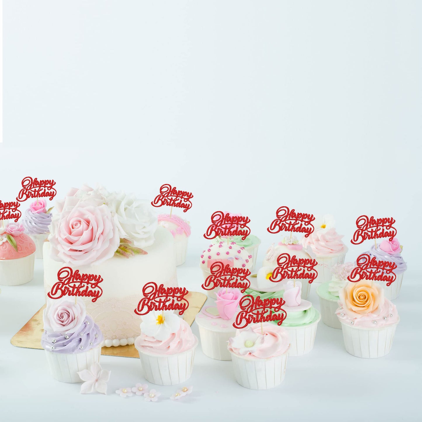 24Pcs Happy Birthday Cupcake Toppers Red Glitter Birthday Cupcake Food Picks For Celebrating Happy Birthday Party Cake Decoratio