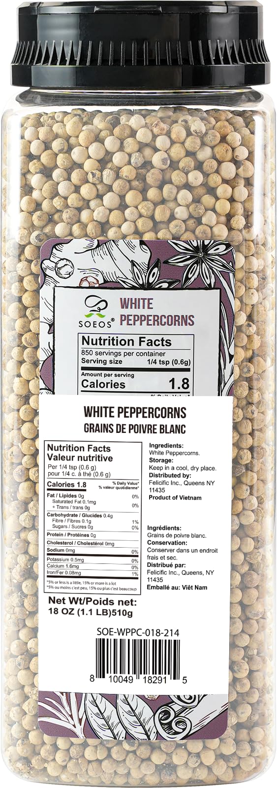 Soeos White Peppercorns, 18oz (Pack of 1), Non-GMO, Kosher, Packed to Keep Peppers Fresh, Peppercorn for Grinder Refill, Whole P