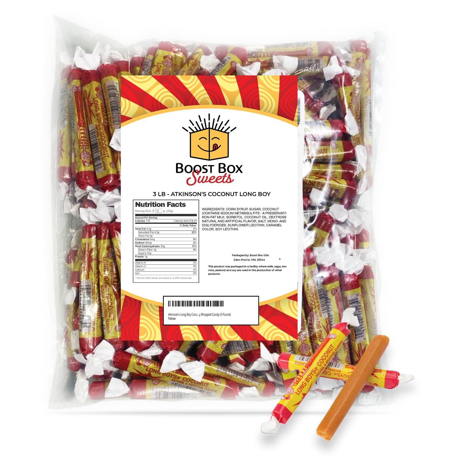 Atkinson'S Long Boy Coconut Chewy Caramel Bulk Individually Wrapped Candy (3 Pound)