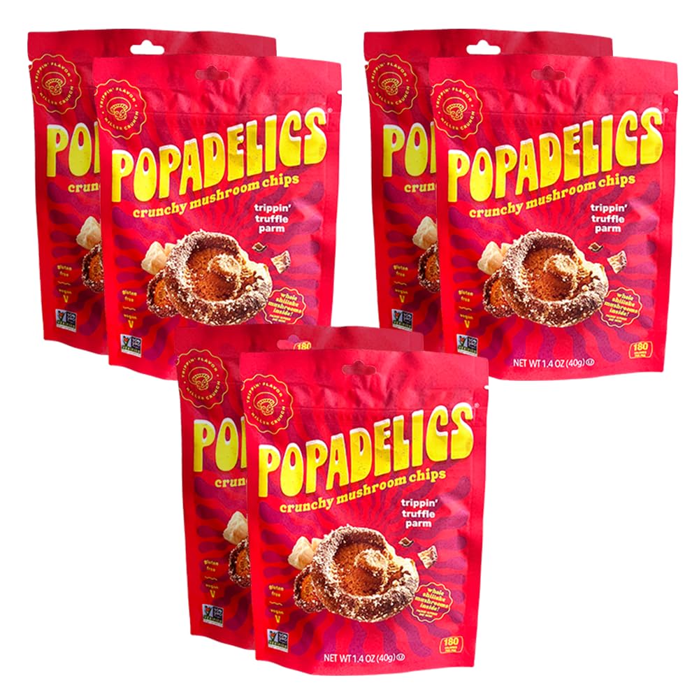 Popadelics Crunchy Mushroom Chips Trippin' Truffle Parm Shiitake Mushroom Crisps, Lightly Cooked And Seasoned, Vegan Chips, Vega