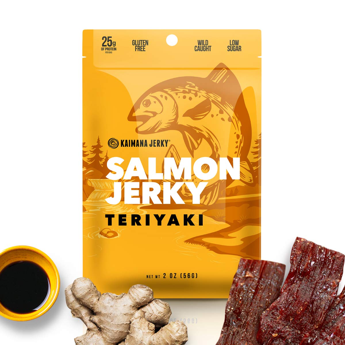 Kaimana Jerky Wild Caught Salmon Jerky, Teriyaki Flavor, Organic, Low-Calorie, 2oz Pack