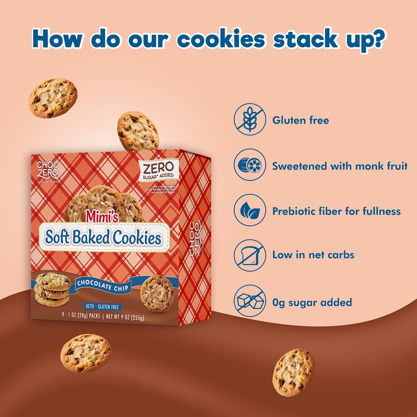 Choczero Gluten-Free Soft Baked Chocolate Chip Cookies, Low Carb, High Fiber, Keto Friendly Cookies (1 Box, 9Oz)
