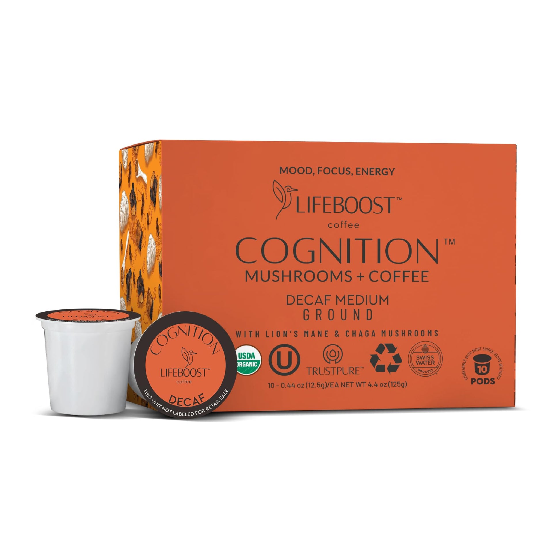 Lifeboost Cognition Decaf Mushroom Coffee Pods - Organic Low Acid Decaf K-Cups With Lions Mane & Chaga Adaptogens - Nootropic Coffee For Focus  Energy & Immune Support - 10 Count