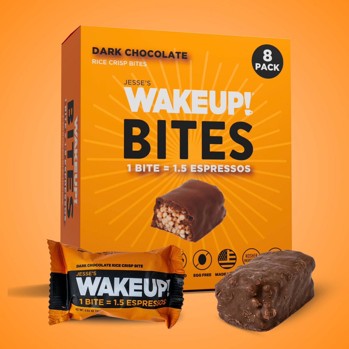 Wake Up! Energy Bites – Dark Chocolate – 8 Pack | 1 Bite = 1.5 Espressos (175Mg Clean Caffeine) | Vegan, Gluten-Free, Kosher | Smooth Focus & Crash-Free Energy For Work, Study & Fitness