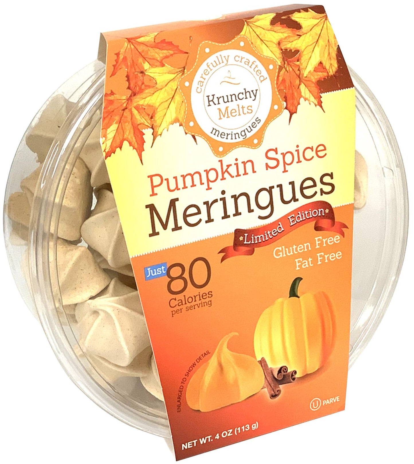 Krunchy Melts Original Meringue Cookies | Pumpkin Spice Flavor | Only 80 Calories Per Serving | Fat Free, Gluten Free, Dairy Free (4 Oz)