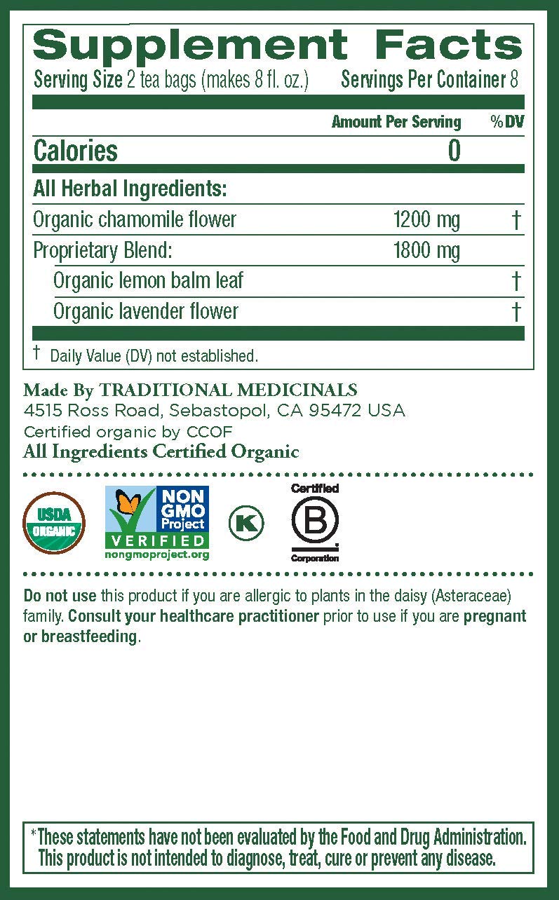 Traditional Medicinals Organic Chamomile & Lavender Herbal Tea, Settles Nervous System, (Pack Of 1) - 16 Tea Bags
