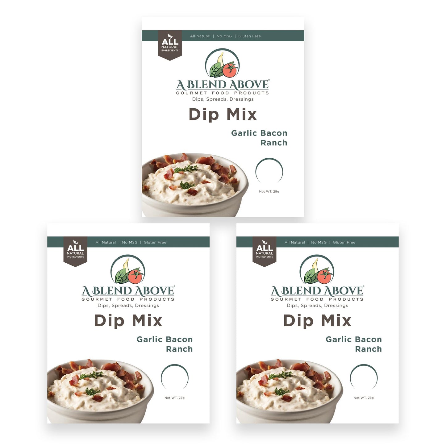 A Blend Above Garlic Bacon Ranch Dip Mix, Gluten-Free, Vegan, 3 Packs, 1 oz Each