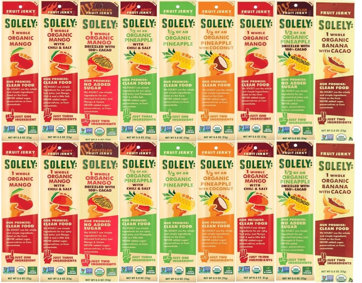 SOLELY Organic Fruit Jerky Variety Pack, 3 Mango Flavors, 4 Pineapple Flavors, 1 Banana Flavor, Total 18 Strips, LIVEBEAR Assort