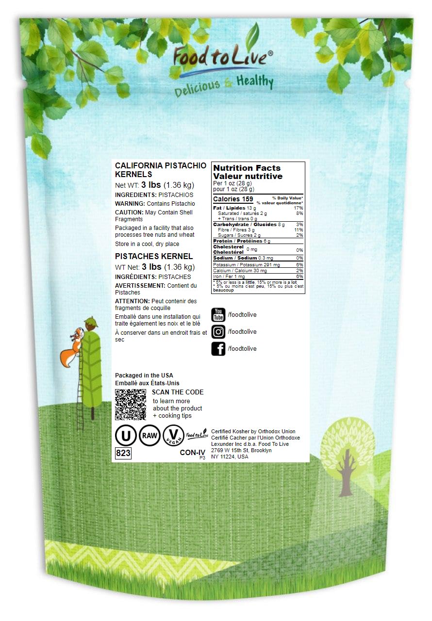 Food To Live No Shell Pistachios, 3 Pounds – Unsalted, Kernels, Sirtfood, Bulk. Pistachios Individual Packs. Wonderful Keto And Paleo Snack