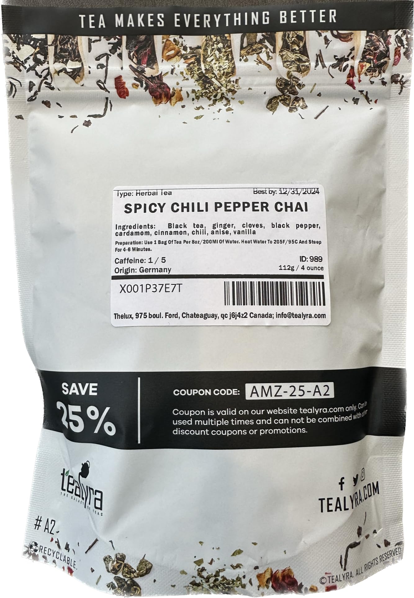 Tealyra - Spicy Chili Pepper Chai - Black Tea - Ginger - Cardamom - Cinnamon - Vanilla - Warm Spicy Loose Leaf Tea - 112G (4-Oun