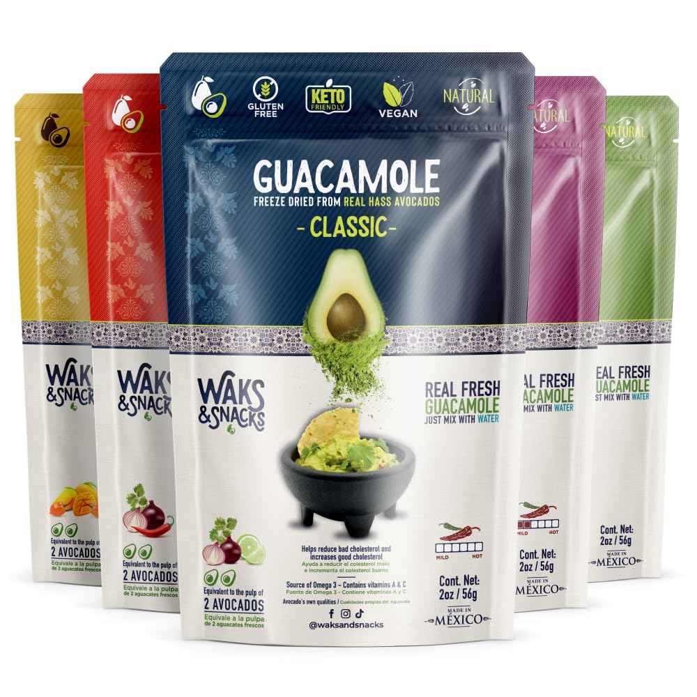 WAKS & SNACKS Freeze Dried Guacamole Variety Pack | 100% Fresh Hass Avocados | Vegan & Gluten-Free | 5-Pack (2 oz each)