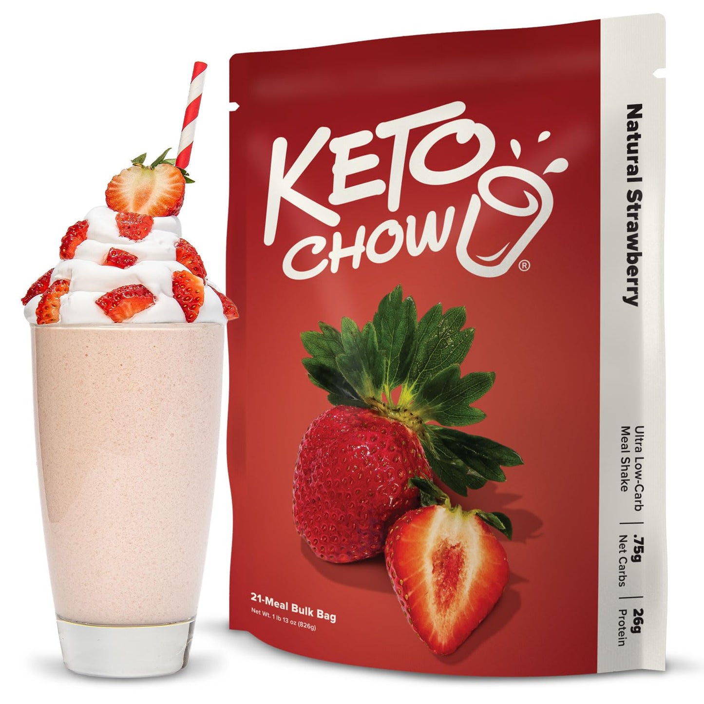 Keto Chow Keto Meal Replacement Shake Powder, Natural Strawberry, 29 Ounce