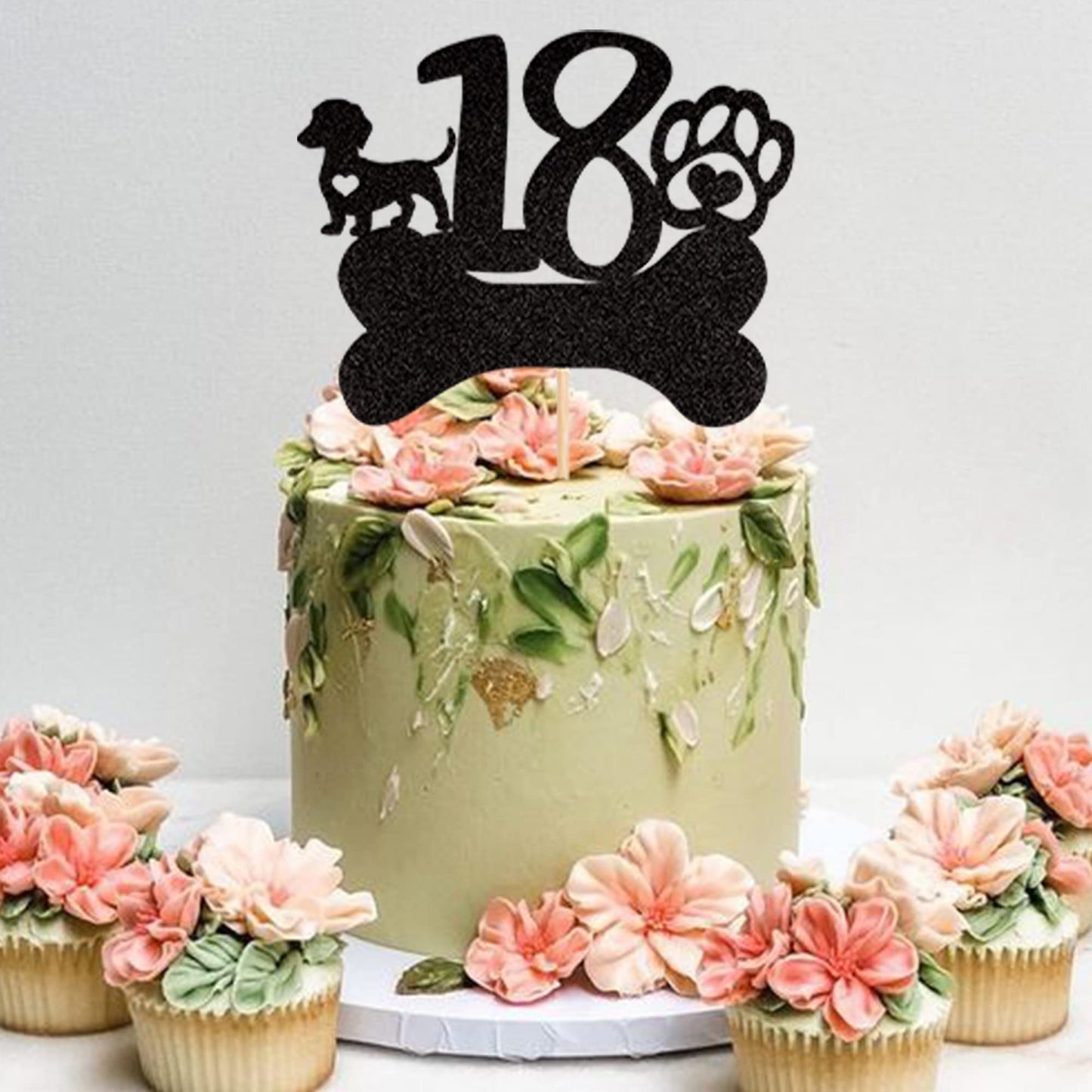 1 Pcs 18Th Birthday Cake Topper Black Glitter Dog Paw Eighteen Years Old Birthday Puppy Dog Bone Cake Pick For Let'S Pawty Baby