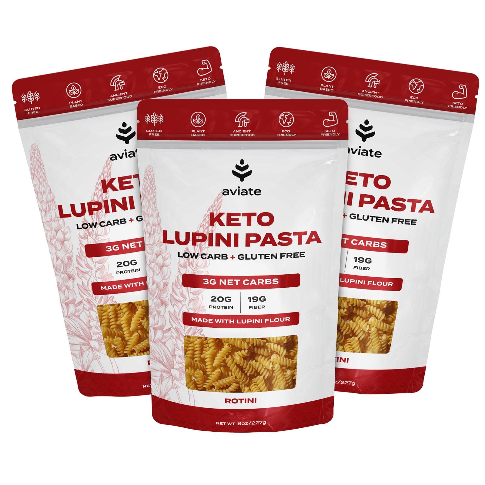 Aviate Keto Pasta Rotini - Low Carb (3G Net) Lupini Noodles, High Protein (20G), Gluten-Free, Made With Lupin Flour, Plant Based
