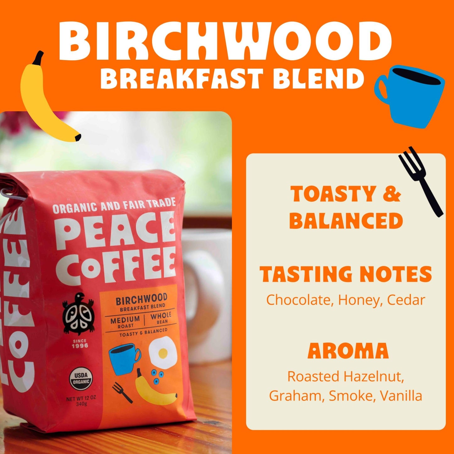 Peace Coffee Birchwood Breakfast Blend | 20 Oz Whole Bean Medium Roast | Organic Fair Trade | Smooth, Mild Flavor | Shade Grown, Fresh Roasted