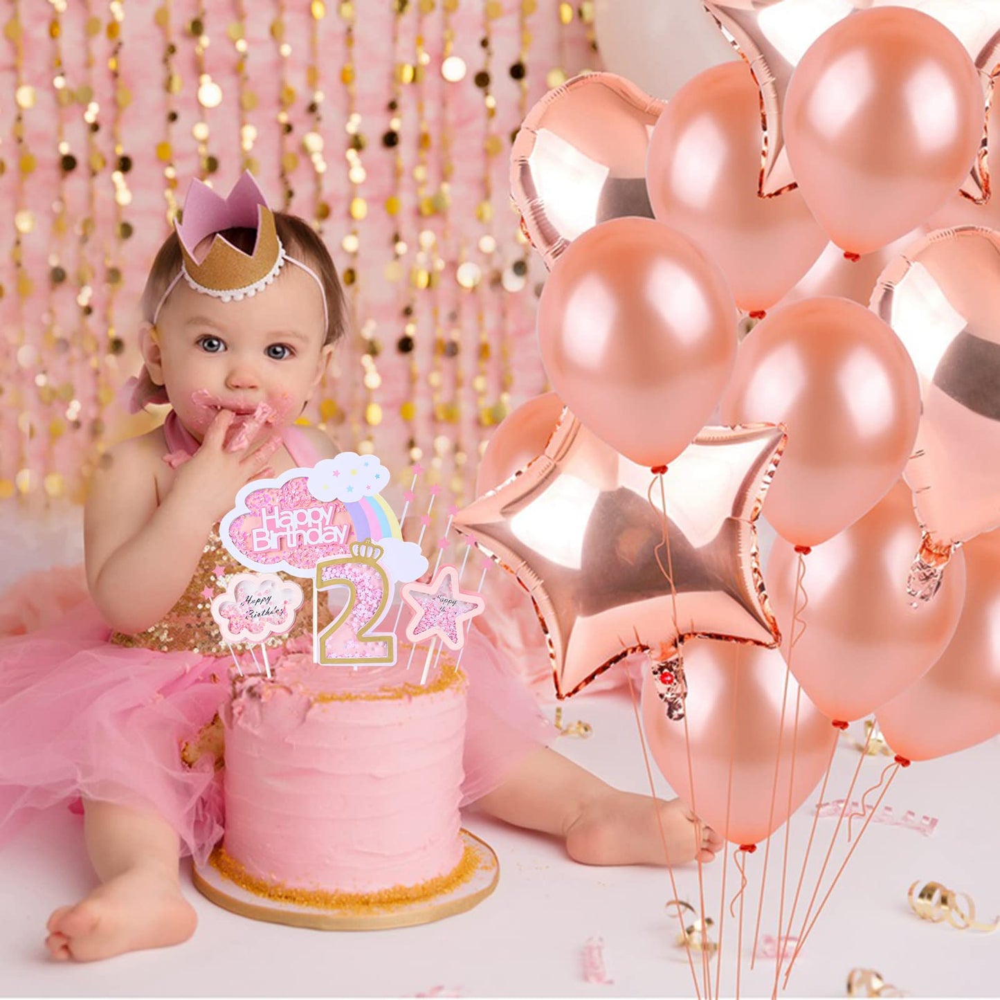 Kawailay Birthday Cake Decoration Set, Rainbow Clouds & Stars, 2nd Birthday Topper, Pink, Model Kawailay-206