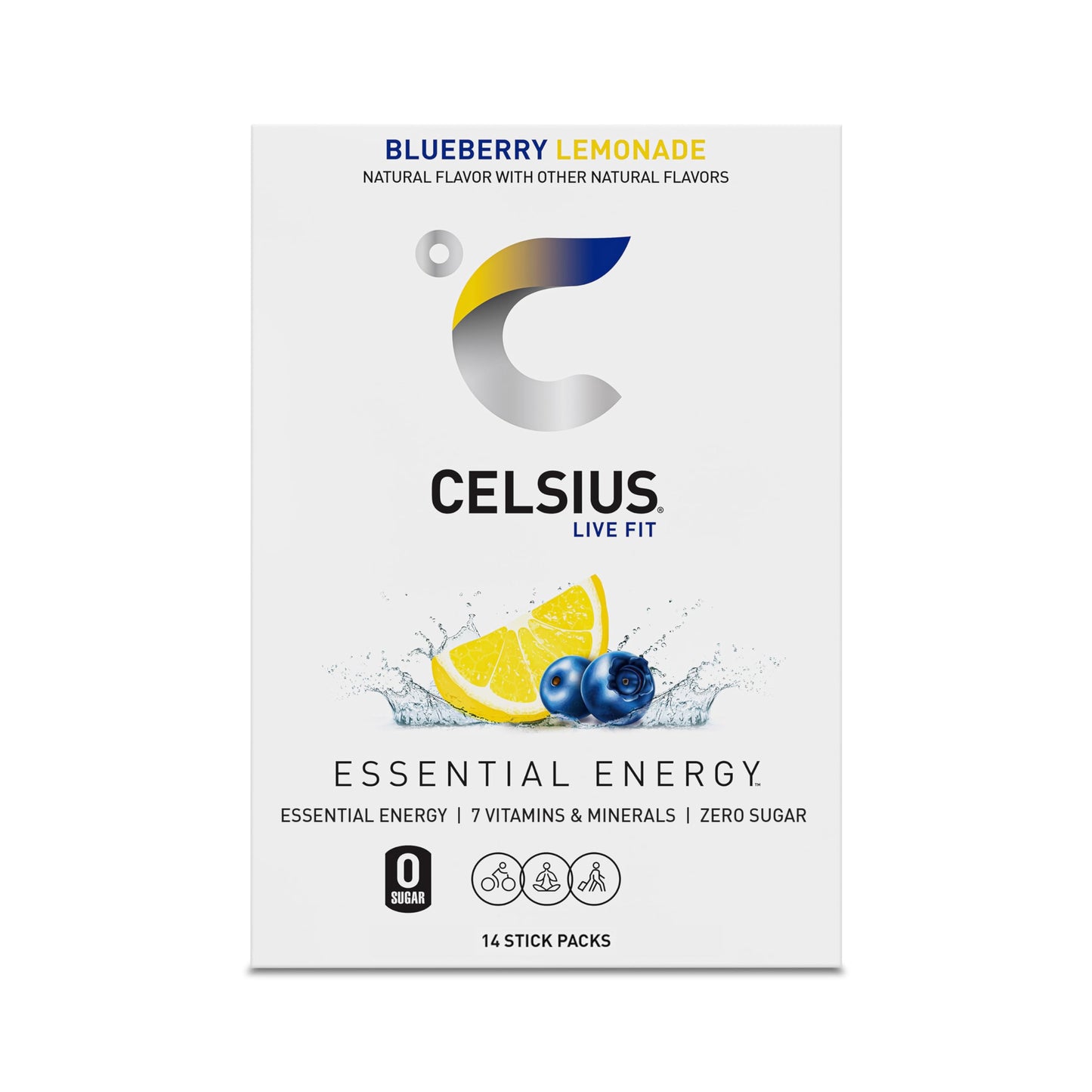 CELSIUS On-the-Go Powder Sticks Blueberry Lemonade, 14 Count, Essential Energy, 2.6 Oz per Pack