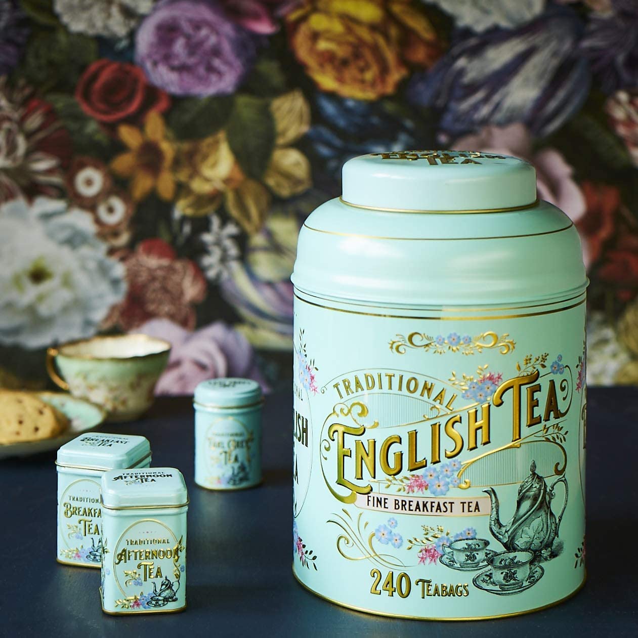 New English Teas Vintage Victorian Tea Tin With 240 English Breakfast Teabags For Tea Lovers, Forget Me Not Florals & Classic Te