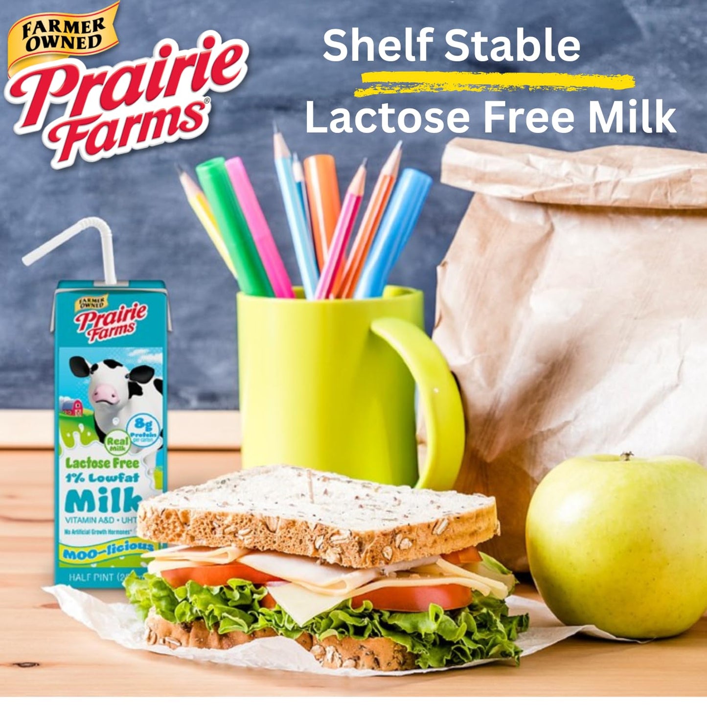 Prairie Farms Lactose Free Milk  Shelf Stable 1% Low Fat Milk Boxes Vitamin D  Gluten Free  Ultra Pasteurized (UHT)  Kosher - 8oz. (27 Pack)