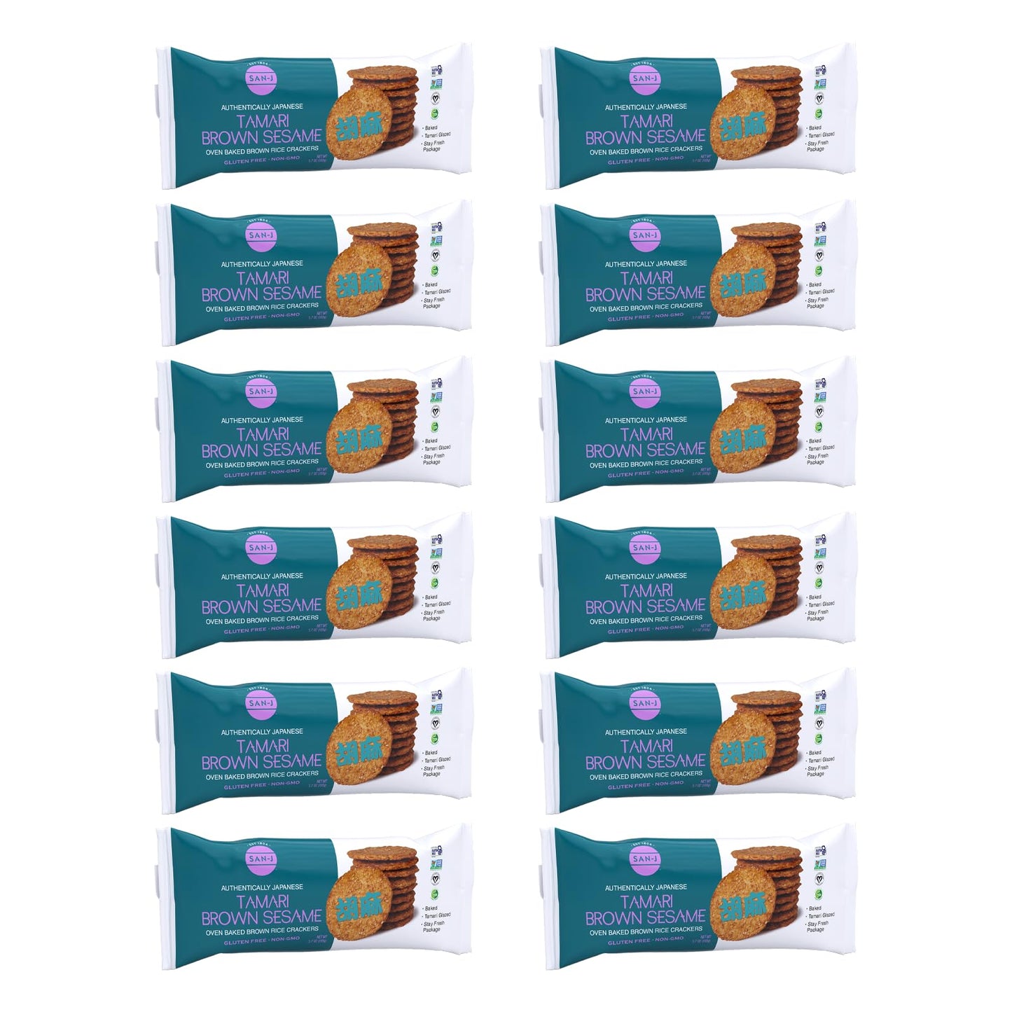 San-J - Tamari Brown Sesame Crackers - Specially Baked - 3.7 Oz. Boxes - 12 Pack